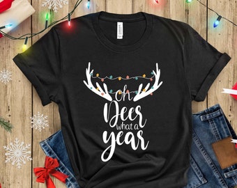 Oh Deer What A Year T-shirt, Santa Reindeer Shirt, Merry Christmas Top, Cozy Winter Tee, Santa Claus Top, Gift for Xmas, Holiday Shirt