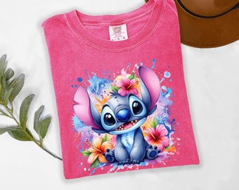 Floral Disney Stitch Shirt, Disney Tshirt, Comfort Colors Tee, Watercolor Stitch Shirt, Stitch Character Tee, Cute Cartoon Alien Shirt