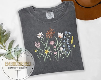 Embroidered Wildflower Shirt, Floral Flowers Tee, Mother's Day Gift, Comfort Colors Tshirt, Gift For Gardener, Embroidery Garden Lover