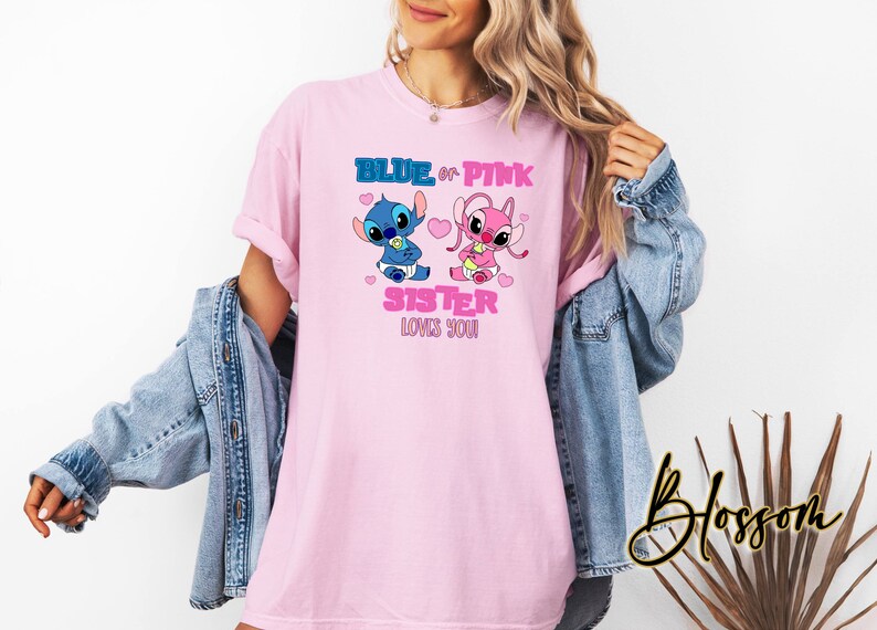 May include: Pink t-shirt featuring two cartoon characters, one blue and one pink, with the text "BLUE or PINK SISTER LOVES YOU!" The design includes hearts and baby-themed elements. The shirt is a light pink color.