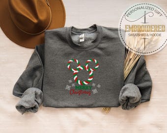 EMBROIDERED Mickey Minnie Christmas Sweatshirt, Mouse Xmas Hoodie, Disney Holiday Shirt, Candy Cane Christmas Hoodie, Merry Xmas Gifts