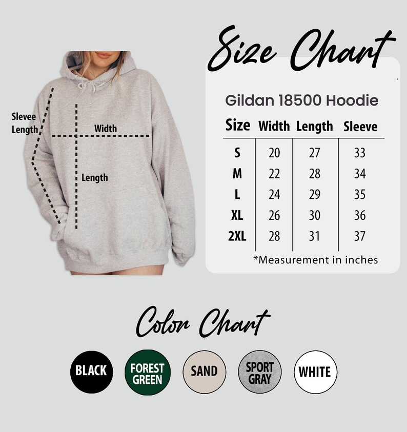 Puede incluir: Una sudadera con capucha Gildan 18500 gris claro con una tabla de tallas que muestra las medidas en pulgadas. La carta de colores muestra negro, verde bosque, arena, gris deportivo y blanco. La sudadera con capucha se muestra con medidas de ancho, largo y largo de manga.