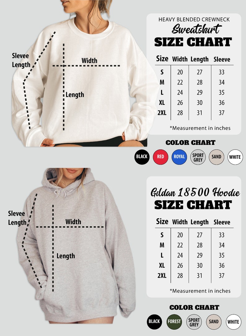 K&ouml;nnte beinhalten: Gr&ouml;&szlig;entabelle f&uuml;r ein Gildan 18500 Hoodie und ein schweres, gemischtes Crewneck-Sweatshirt. Die Tabelle zeigt die Breite, L&auml;nge und &Auml;rmell&auml;nge in Zoll f&uuml;r die Gr&ouml;&szlig;en S, M, L, XL und 2XL. Die Farbtabelle zeigt die verf&uuml;gbaren Farben: Schwarz, Rot, Royal, Sportgrau, Sand und Wei&szlig;.