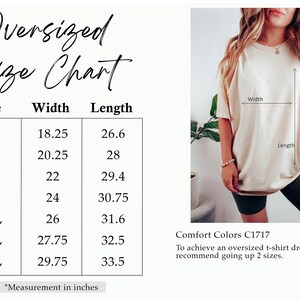 May include: Oversized t-shirt size chart with measurements in inches for sizes S to 4XL. The chart shows the width and length of each size. The image also includes a photo of a person wearing a beige oversized t-shirt.