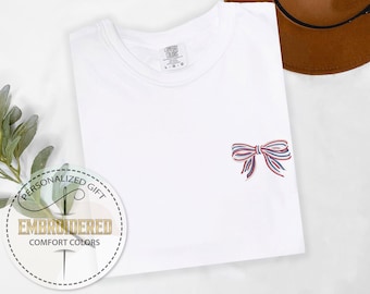 Embroidery 4th of July Shirt, Embroidered USA Coquette, American Flag Tshirt, Independence Day Shirt, Red White Blue, Comfort Colors