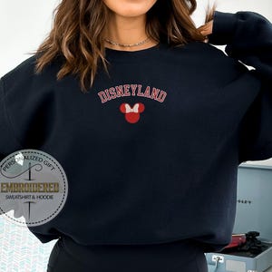 May include: Black sweatshirt with the text "DISNEYLAND" in red and a red Mickey Mouse head with white ears.