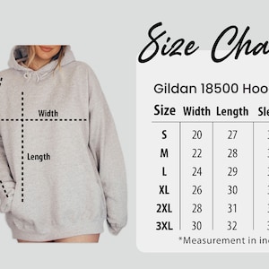 Puede incluir: Tabla de tallas para una sudadera con capucha Gildan 18500, que muestra las medidas en pulgadas para el ancho, la longitud y la longitud de la manga para las tallas S a 3XL.