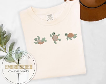 Embroidery Turtle Tshirt, Cute Sea Animal Tee, Turtle Lover Gift, Ocean Lover Gift, Sea Turtle Tee, Comfort Colors, Coastal Style Tee
