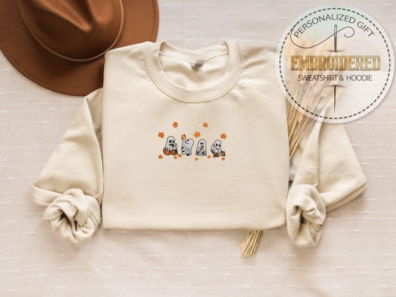 Embroidered Fall Ghost Hoodie, Cozy Autumn Reading Sweatshirt, Gift for Her, Summerween Ghost Hoodie, Fall Autumn Vibes, Spooky Leaves