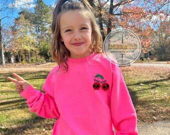 Embroidered Cherry Skulls Bow Sweatshirt, Halloween Skull Bow Sweatshirt, Skull Cherries Embroidery Halloween Sweatshirt, Coquette Gift,