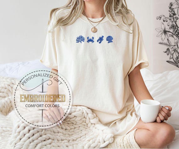 Embroidered Ocean Creatures Tee, Coral Crab Lobster Shirt, Coastal Marine Gift, Comfort Colors Shirt, Summer Tshirt, Coastal Tshirt