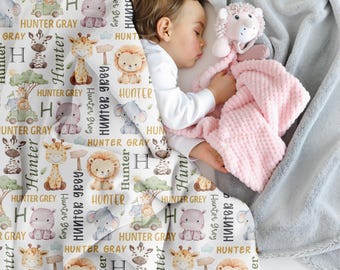 Custom Safari Baby Blanket Custom Name,  Lion Giraffe Elephant Newborn Gift, Gender Neutral Baby Shower Soft Minky Blanket Jungle Zoos