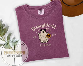 Camisa bordada de Halloween de Disney World Ghost Mickey o Minnie, colores cómodos, camiseta de otoño inspirada en Disney World, camiseta de Disney Trick or Treat
