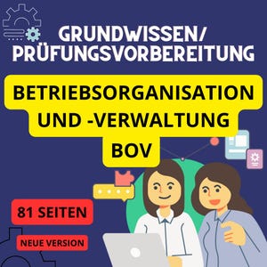 Könnte beinhalten: Eine gelbe und blaue Grafik mit dem Text "Grundwissen/Prüfungsvorbereitung Betriebsorganisation und -Verwaltung BOV 81 Seiten Neue Version". Zwei Comicfiguren schauen auf einen Laptop.