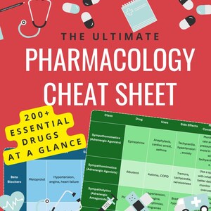 Könnte beinhalten: Ein rotes und weißes Pharmakologie-Spickzettel mit dem Titel "The Ultimate Pharmacology Cheat Sheet". Das Blatt enthält eine Liste von Medikamenten, Anwendungen und Nebenwirkungen. Ein gelbes Schild lautet "200+ Essential Drugs at a Glance".