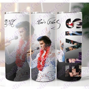 May include: Three stainless steel tumblers with different designs featuring Elvis Presley. The first tumbler has a black background with a photo of Elvis singing and the text "The King of Rock 'n' Roll". The second tumbler has a white background with a photo of Elvis singing and his signature. The third tumbler has a black background with the word "ELVIS" spelled out in photos of Elvis.