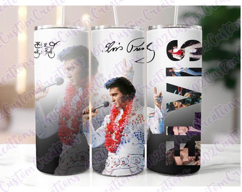 Pu&ograve; includere: Tre bicchieri in acciaio inossidabile con diversi design che presentano Elvis Presley. Il primo bicchiere ha uno sfondo nero con una foto di Elvis che canta e il testo "The King of Rock 'n' Roll". Il secondo bicchiere ha uno sfondo bianco con una foto di Elvis che canta e la sua firma. Il terzo bicchiere ha uno sfondo nero con la parola "ELVIS" scritta in foto di Elvis.