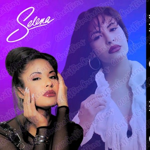 May include: A digital collage featuring two images of Selena, a singer. The image on the left shows Selena with her hair pulled back in a bun, wearing a black top with a silver chain. The image on the right shows Selena with long dark hair, wearing a white blouse. The background is a gradient of purple and blue. The text "Selena" is written in white on a purple background.