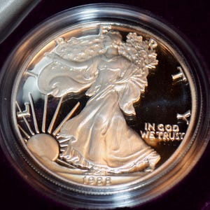 May include: A silver coin featuring Lady Liberty walking towards the sun, with the inscription "IN GOD WE TRUST" and the year 1988. The coin is encased in a clear protective case.