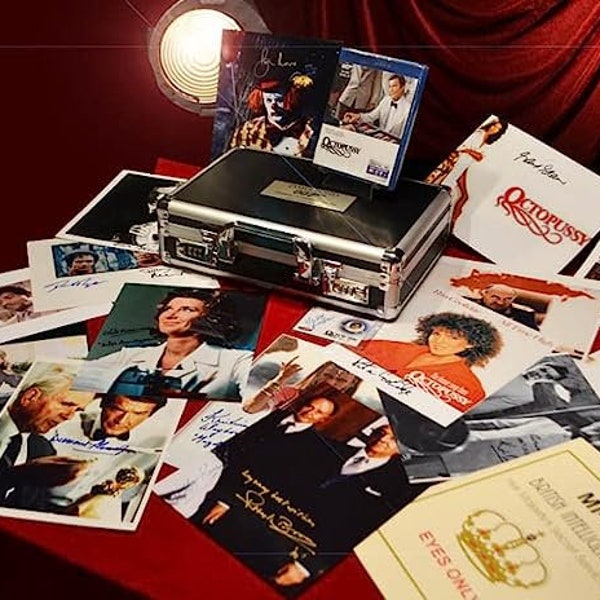 Signed 007 Roger Moore + 17 James Bond Octopussy Autographs, Uacc Coa, Dvd, Security Metal Briefcase