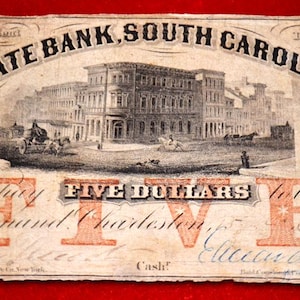 1859 5 DOLLAR Bank Note, Confederate, South Carolina, Paper Money CIVIL WAR, hand signed