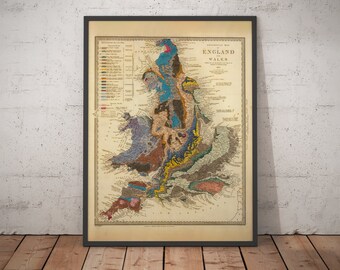 Vintage geologische kaart print & poster, Engeland en Wales, 1843 door Roderick Impey Murchison, historische kaart print