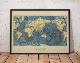 Rare Old Map Print, Ocean Floor Map, Land Relief Map by the US Navy in 1976 - Europe Map, Africa Map, Americas Map, Antarctica, Australia