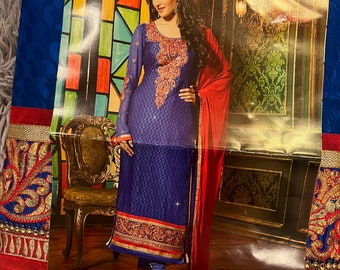 Costume indien pakistanais bleu et rouge entièrement parallèle, semi-cousu