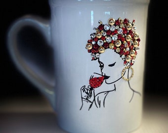 Afro Woman Rhinestone Mug, Custom Birthday Gift