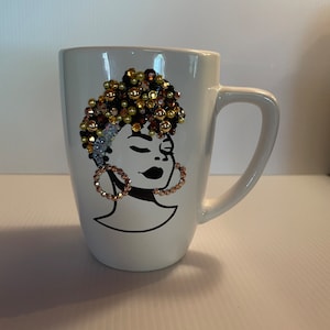 Afro bling mug with blue head band, Afro mug, afro bling mug, mug lovers