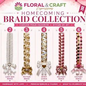 以下が含まれることがあります： Floral & Craft Expressionsのホームカミングブレイドコレクション。1から7まで番号が振られた7種類の異なるリボン編みスタイルが並んでおり、クラシックループ、ラブボックス、ペイトン、スピリットチェーン、ミリタリー、ビクトリー、メビウスブレイドのデザインが含まれています。