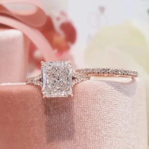 Radiant Cut Moissanite Engagement Ring Set • 14k Rose Gold Bridal Set