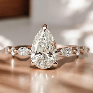 Minimalist Dainty Rings for Her: 3 Carat Pear Moissanite Engagement Ring, Wedding Ring, Bridal Set, Anniversary Solid sterling silver ring