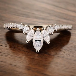 Women's vintage yellow gold half eternity stacking ring with a marquise moissanite curve for a wedding or anniversary, Delicate Ring, gifts