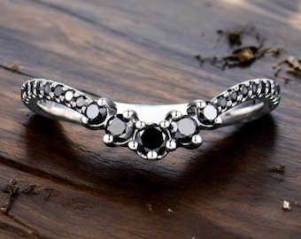 Black Diamond Curved Wedding Band | White Gold Chevron Contoured Ring | Unique Vintage Style Stacking Ring | Bridal Enhancer