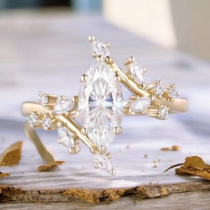 Branch Marquise Moissanite Engagement Ring Antique Wedding Ring with Diamond Cluster Ring as a Floral Anniversary Present Inspired by Nature
