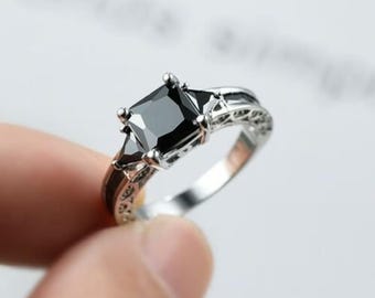 Anillo de diamantes negros de alta calidad, anillo de bodas negro, anillo nupcial con piedra negra, anillo de compromiso solitario con diamantes negros de talla princesa de 3,00 quilates.
