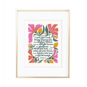 Zephaniah 3:17 Print, PDF, Instant Download, God, Bible, Scripture, Printable Art, Jesus, Floral, Flowers, Cream Background
