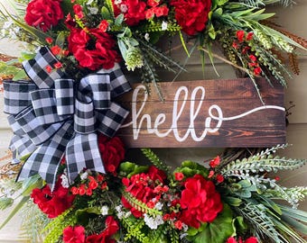 30&quot; Hello Red Geranium Wreath-Everyday Wreath-Spring and Summer Wreath