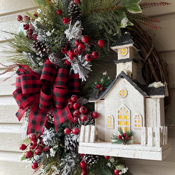 29”x 24" Church Wreath- Church lights Up-Perfect for Christmas and all Winter-Great Gift Idea-Unique- Winter Decor-So pretty