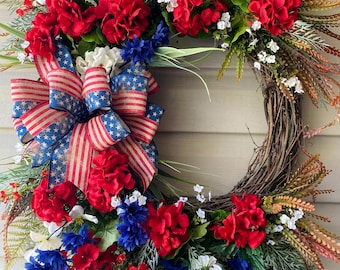 30”x 26” Patriotic Summer Wreath, Fourth of July Wreath, Front Door Wreath, Large Wreath, Red White Blue Wreath-Original Designer-Americana