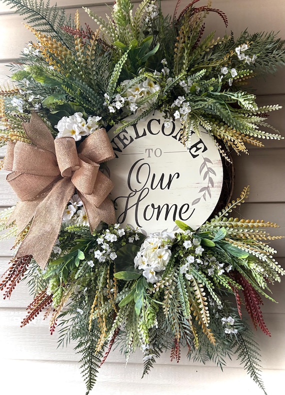 30” x 25” Welcome to our Home Wreath, Everyday Wreath, Mixed Florals , Front Door Wreath, Large Wreath, Burlap Bow