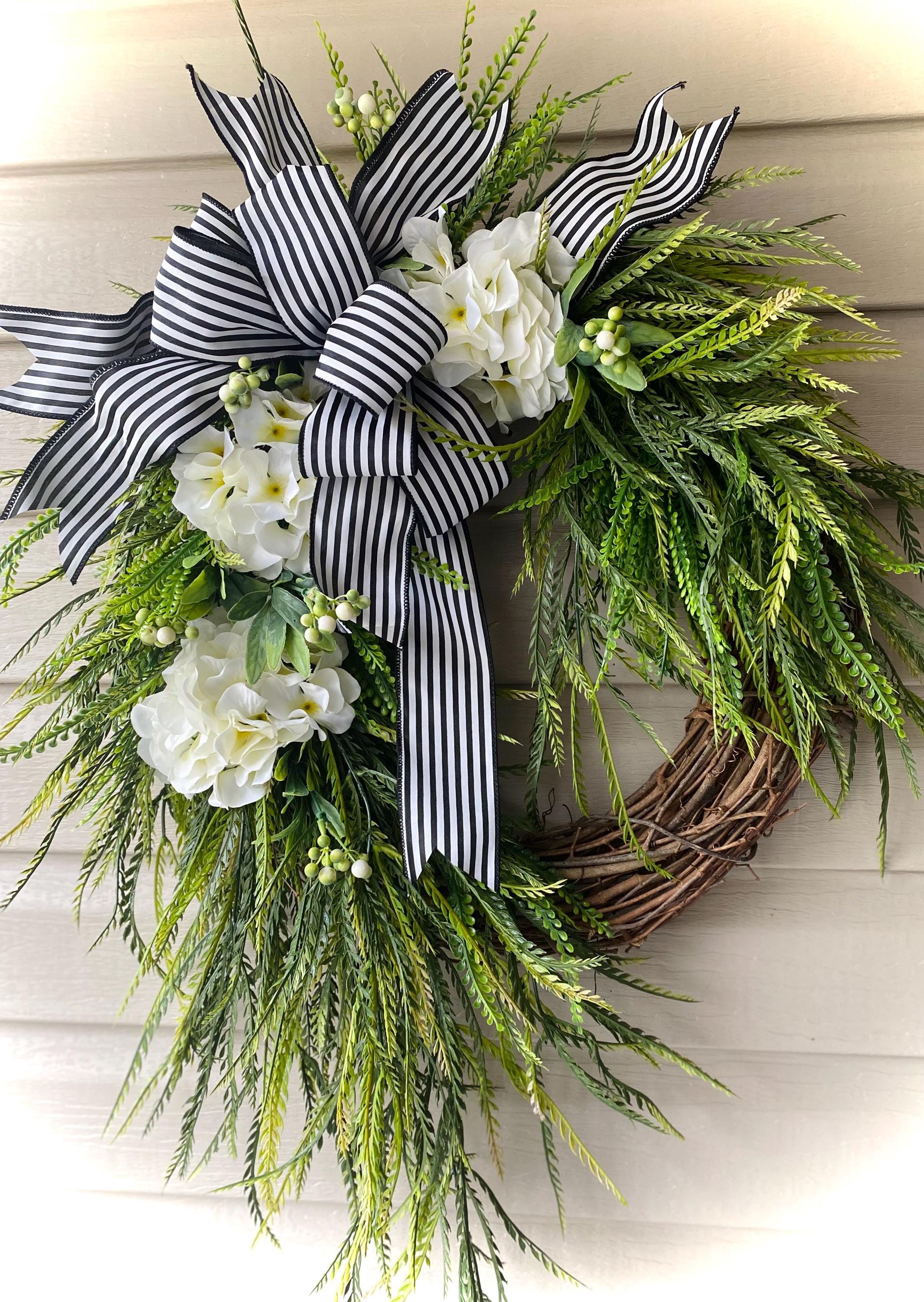 Gorgeous 30" Hydrangea and Greenery Wreath-Black and White Striped Bow-Everyday Wreath-Spring-Summer