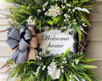30&quot; Welcome to our Home- White Geranium Wreath - Black and White Stripe and Burlap Ribbon-New
