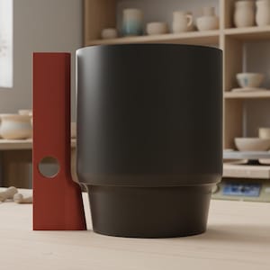 Peut inclure: Un vase en céramique noir de forme cylindrique large et un objet rectangulaire rouge foncé avec une découpe circulaire. Le vase est posé sur une surface en bois clair, avec des poteries et des étagères en arrière-plan.
