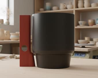 May include: A black ceramic vase with a wide, cylindrical shape and a dark red rectangular object with a circular cutout. The vase sits on a light-colored wooden surface, with pottery and shelves in the background.