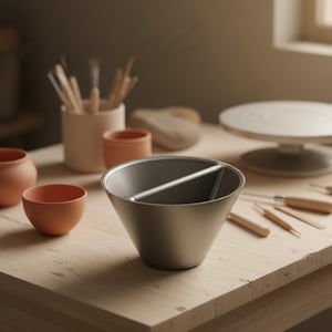 Peut inclure: Scène d'atelier de poterie avec un bol en céramique gris avec une barre métallique, de petits bols en terre cuite, des pinceaux et des outils de poterie sur une table en bois. Un tour de potier est en arrière-plan.