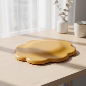 Puede incluir: Un plato de cerámica amarillo mostaza en forma de flor está sobre una mesa de madera clara. El plato tiene un acabado liso y mate y un centro ligeramente elevado. Un jarrón blanco con flores secas y una taza blanca con asa dorada están en el fondo.
