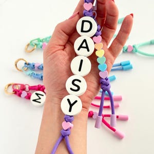 Personalized Name Bag Charm, OVERSIZED Friendship Beads, Pastel Rainbow Heart Beaded Keychain Accessory