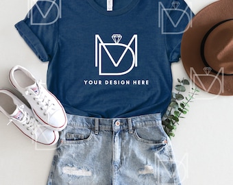 Bella Canvas 3001 Mockup Heather Navy, Heather Navy T Shirt Mockup, Styled Flat Lay, Summer T shirt Mockup, Bella Canvas Heather Navy